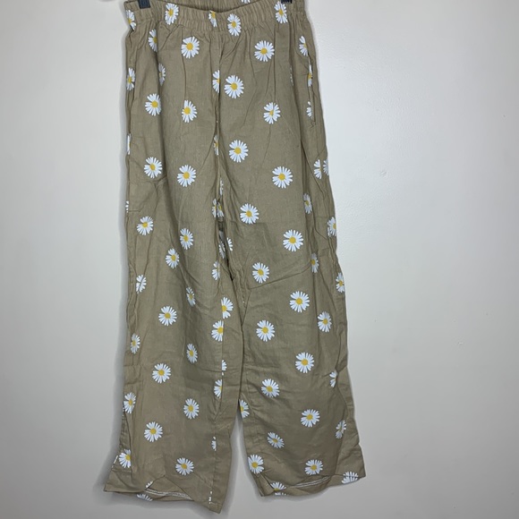 Tan Daisy Flower Pattern Pocket Cotton Beach Pants Hippie 70’s Flashback Bottoms - Picture 11 of 12